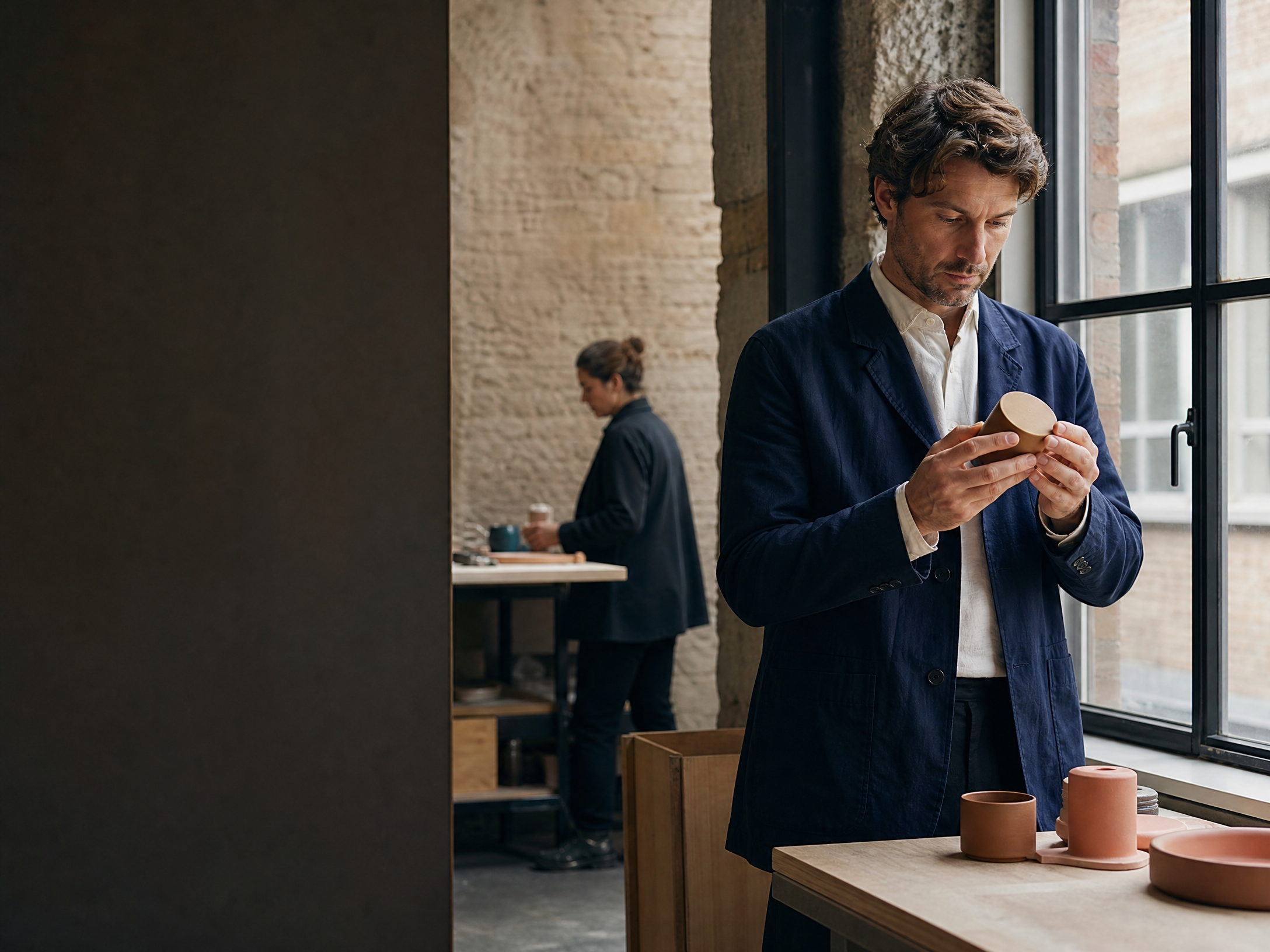 Founder considering a product sample in a studio workspace