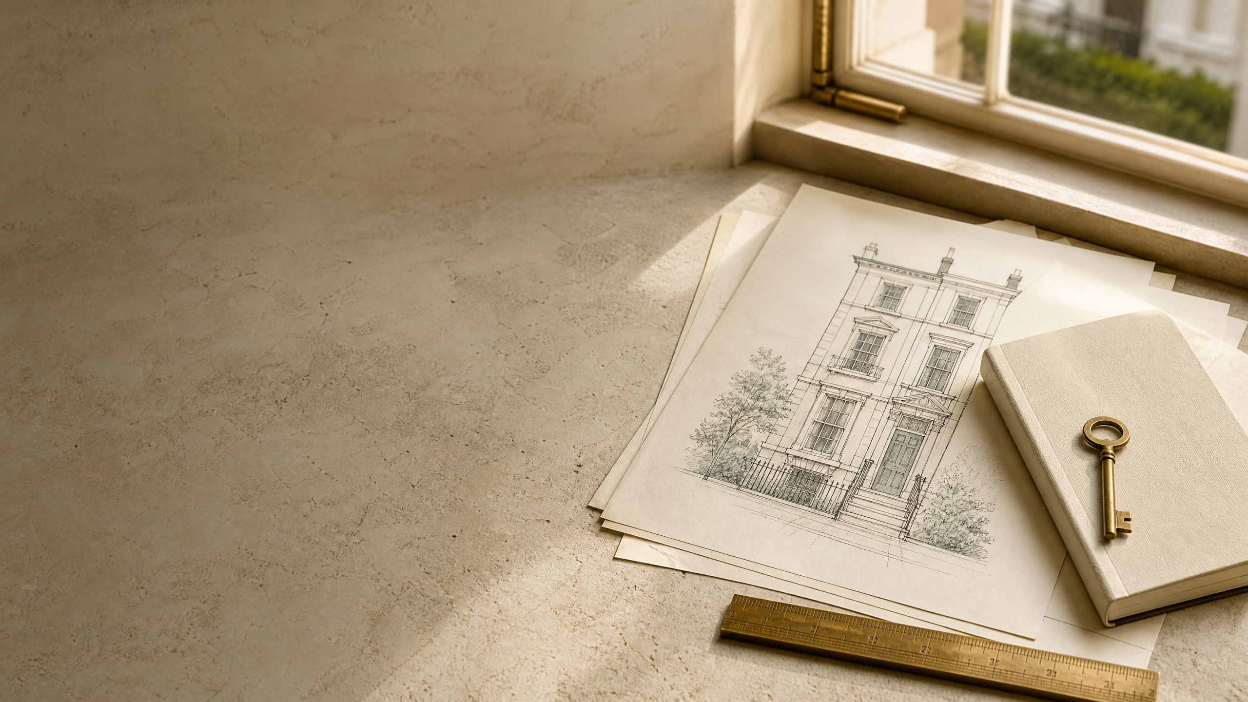 Architectural drawing and house key prepared for a property finance conversation